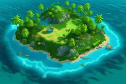 Make a satellite view of a small boat shaped tropical island that is uninhabited with jungle and fruit trees with a small mountain on one side of the island. A small stream flows through the island by a lagoon where a rock platform lay. The island is surrounded by coral reefs.