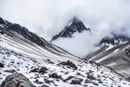 looking up at a mountain peak shrouded in mist