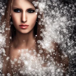 wonderfull italian woman, curves, cyborg, platinum long hair, hair covering one eye, ultradetailed fine art photo of a indian, weet face portrait, snow flakes particles, 35 mm