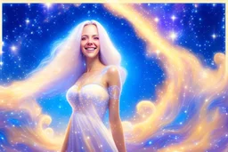 very beautiful cosmic women with white long hair, smiling, with cosmic dress and in the background there is a bautiful sky with stars and light beam