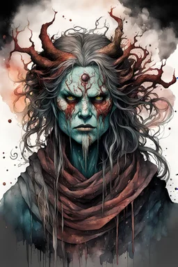 highly detailed full color, ink wash and watercolor concept illustration of an ancient, haggard, world weary, female druid anti heroine character , maximalist, sharp focus, highest resolution, in the styles of Alex Pardee, Denis Forkas , and Masahiro Ito, boldly inked, 8k, coarse, gritty textures