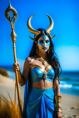 A picture of a beautiful blue faced indian goddess with skin painted blue, blue painted body, blue painted torso, wild black hair, stag antlers, elven ears, golden skirt, holding a staff on a sunny beach