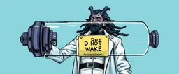 airbrush and pen outline, Doctor Vex is now officially in stasis. No experiments. No clones. No accidental galaxy-ending breakthroughs. Just a big glass tube with a sign: DO NOT WAKE — PHOTOSHOOT PENDING, not dot wake :)