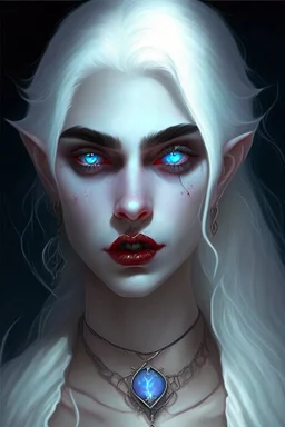 hauntingly beautiful character for dnd, young vampire woman with white hair, white eyebrows and blue eyes, angel, with moon necklace, lips slightly parted showing fangs