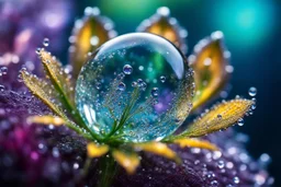 spring dew, macro photo, sparkling magical fantasy, glass flower dewdrop, very detailed, amazing quality, etheral, intricate, cinematic light, highly detailed, beautiful, epic, galaxy fantasy colors, stunning