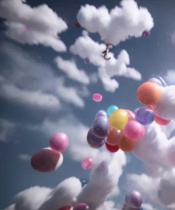 Ultra realistic speed clouds sky scene, wide angle view, child falling down with many Children background, inflatable monsters, circus dress style, feather color, free jumping flying, many trinkets, hair monster, many jelly beans, balls, color smoke, smile, happy, extreme, wind, clouds sea, 20,000 feet altitude, stratosphere, soft color, highly detailed, unreal engine 5, ray tracing, RTX, lumen lighting, ultra detail, volumetric lighting, 3d, finely drawn, high definition.