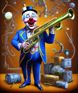 mechanoid happy old friendly fat clown playing jazz with a steampunk theme, trumpet, realistic