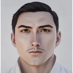 mysterious youthful Russan male, man, dark and intriguing, confident, intense, handsome, anime style, dark black short hairs, white shirt, white paint background, white man, brown eyes, mustache The head looks straight ahead