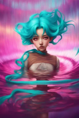 A stunning Anime girl suspended in a kaleidoscope of colors, captured in a photorealistic, cinematic photograph, as if plucked from a dream sequence. Her vibrant turquoise hair flows like a river, contrasting with the muted, earthy tones of her skin, set against a gradient of iridescent pinks and purples, evoking a sense of ethereal mysticism. Soft, cinematic film grain textures the image, infusing it with a sense of nostalgic warmth, as if lit by the flickering lights of a vintage cinema.