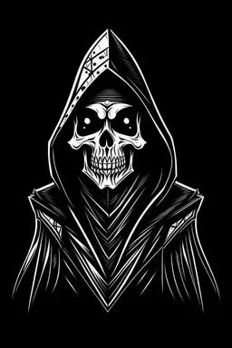 hanna-barbera skeleton in a black hooded cloak drawn in a retro mascot style, inside a light diamond shape on a black background, monochromatic