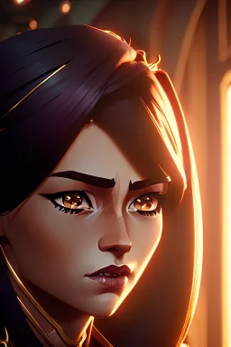 Young business woman, dark orange eyes, dark brown hair, elegant hair, thin lips, gold hoop earrings, waist up portrait, 8k resolution, intricate details, ornate details, soft lighting, vibrant colors, retroanime, masterpiece, realistic, intricate eyeliner, dark eyeshadow, eyes,futuristic cityscape background