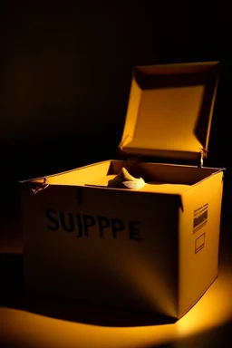 A clawed hand emerging from the top flaps of a cardboard box, the word "surprise" handwritten on the front surface. The box is in a darkened storeroom with a single light source from an ajar door.