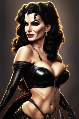 painting of lisa ann as evil queen in black leather, feminie, angry, stern look on her face, volouptous, busty, cleavage, emperious, mature, highly detailed, digital painting, artstation, concept art, smooth, sharp focus, illustration, art by gaston bussiere and alphonse mucha