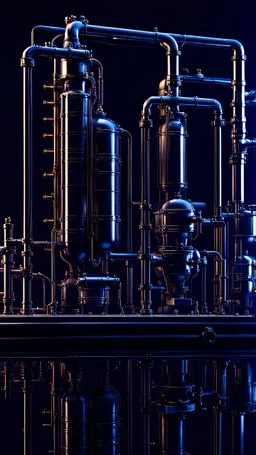 water treatment system, water visible, hyperrealistic 16k, 3d rendering, expressively detailed, dynamic light, expressiv lighting, steampunk, video game, neon lighting