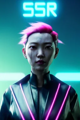 Waist up shot portrait, Asian cyborg woman :: symmetry photography, cyberpunk, pink hair, makeup, long line eye, light iris, :: latex coat, wires and circuits, pink, white, black :: cinematic, Ultra realistic, dark scene, soft color, highly detailed, unreal engine 5, RTX, ultra detail, 3d, finely drawn, high definition.