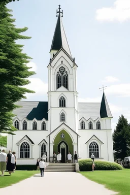 neocleassical church with steeple with people walking out of it