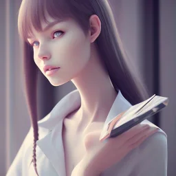 female student studying by the window, anime style,perfect face, cool face, ultra detail, unreal engine 5, cinema4d, sun light, studio lighting --ar 1:1 --v 4