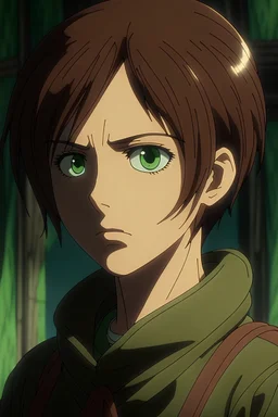 Attack on Titan screencap of a female with short, brown hair and big greenish dark brown eyes. War background behind her. With studio art screencap.