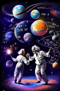 Albert Einstein and Richard Feynman playing with numbers & atoms in outerspace with planets, cosmic gas, stars, moons, and comets dancing around them