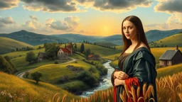 a village over high grassy hills,a small fall and river and wild flowers at river sides, trees houses ,next to Ripe wheat ready for harvest farm,windmill ,a few village local shops ,cloudy sun set sky,the the great Leonardo is painting his monalisa and she is posing as model