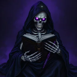 A skeletal figure, cloaked in a dark, hooded robe adorned with intricate, metallic details, sits center frame, facing the viewer. The figure holds an antique, leather-bound book, its pages slightly open, with bony hands. A glowing purple staff rests beside the book. The skeletal face has glowing purple eyes, and the overall tone is dark and ominous, with deep purples and blues dominating the color palette. The style is dark fantasy, reminiscent of gothic illustration, employing dramatic lighting