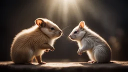 romantic photograph of two small animals in a loving relationship, halo lighting, chiaroscuro, beautiful photo