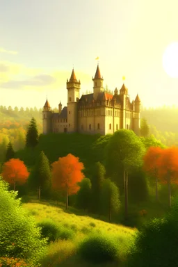 There is a castle around a forest with a sun day,reallity