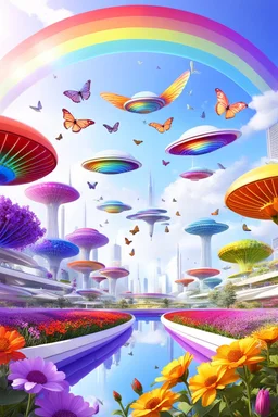 colors, very beautiful, flowers garden,rainbow, cité très futuriste ultra moderne, ufos rainbow, ufos fleet, intergalactic, birds, butterfly