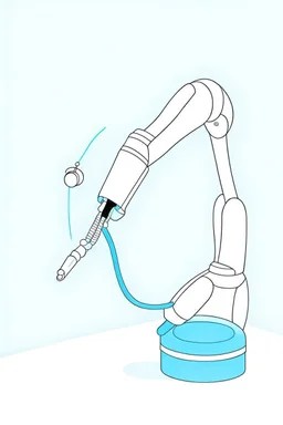 Draw a colorful cover image. The background is light blue. A slender flexible robotic arm with flexible joint is being drawn on a white frame.