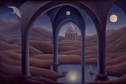 a surreal noctilucent city with arches, domes and rivers by artist "Leonora Carrington",by artist "Agostino Arrivabene",by artist David Inshaw"