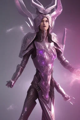 Full body, girl in futuristic armor, 2 swords, glowing purple armor, fighting pose, jumping high