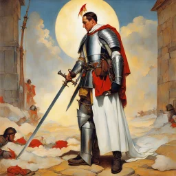 [art by Norman Rockwell] Some believed he was more than just a knight, that he carried within him the spirit of the fabled Knights Templar, blessed with their strength and valor. Clad in armor that bore the marks of countless battles, Roupinho stood tall and proud, his sword gleaming in the sunlight as if it were an extension of his very being. Forged by skilled artisans and imbued with the essence of his noble lineage, the sword was not just a weapon but a symbol of his duty and honor. As he ro