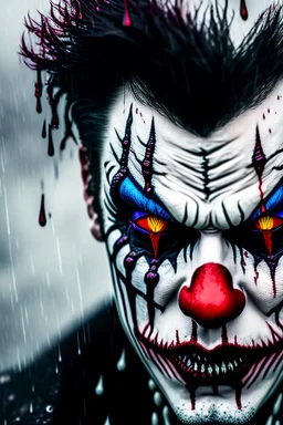 ultra detailed and highly realistic image of a gothic, scary clown, close up of him standing in the rain, the rain messed up his face makeup as it smudged of his face, chaotic, dramatic upclose view, 32k, splatter paint style