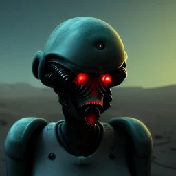 Futuristic hostile alien in post apocalyptic landscape