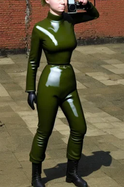 Russian military girl. Top end, Brains are heavily armed with old-fashioned cameras. Army green surfaces body, latex. Perfect body, thick thighs and calves. simple face. Wide hip, skirt bleats nicely. Partly symmetrical. Straitjacket. Rusty and decayed background. Steam-plunge air-bottles. Euclidean 3D-tiling walls. 5th dimensional surface structures. Oppressive atmosphere