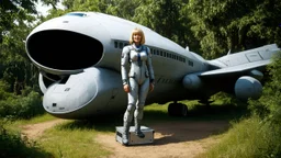 A photorealistic image of an adventurous 52-year-old lady , slender, from the future, dressed in a tailored, full-body spacesuit, stands next to her huge, wide, wingless cargo spaceship. Her uncombed, blond hair has bangs. Standing on a metal box in a jungle clearing.