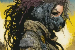 front facing full length portrait illustration of a grunge armored female with beaded dreadlock hair cyberpunk vampire mercenary with gas mask, telecommunications headset, and shemagh, highly detailed with gritty post apocalyptic textures, toxic irradiated landscape, finely detailed facial features and hair, in the graphic novel style of Bill Sienkiewicz, and Jean Giraud Moebius