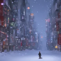 foto tirada por tras de um homem solitário sentado no chão, nas ruas de tokyo, na neve de noite