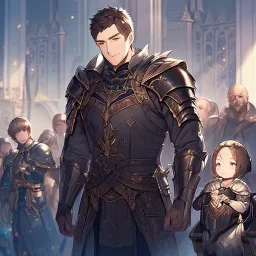 Boy wearing leather armor protecting family