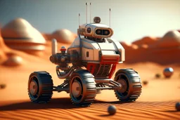 lowpoly storm trooper driving highly symmetric metallic rocket propelled mad max ATV that looks like a helmet with rounded glass bubble roof in red desert, bokeh like f/0.8, tilt-shift lens 8k, high detail, smooth render, down-light, unreal engine, prize winning