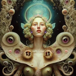  Beautiful rococo mushroom fairy, detailed eyes, realistic features, hq, fungi, celestial, moon, galaxy, stars, by Salvador Dalí, giger, Hieronymus Bosch, victo ngai, fungi, celestial, Ryan Hewett by Van Gogh