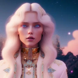 white woman long blond hair blue eyes glitter in a galactic ambiance, delicate colors in the foreground, full of details, smooth, light effect，vaporwave colorful, smooth, extremely sharp detail, finely tuned detail, ultra high definition, 8 k, unreal engine 5, ultra sharp focus