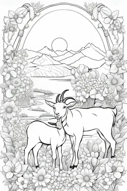 A black and white outline art of a kids coloring book, Cute goats climbing, outlined on a plain background for easy focus, outlined with baskets of produce around., outlined with a straightforward stream and fish., outlined against a simple backdrop of flowers, white background , sketch style , full body, only use outline, mandala style, clean artpage, , white background, no shadows and clear well outlined