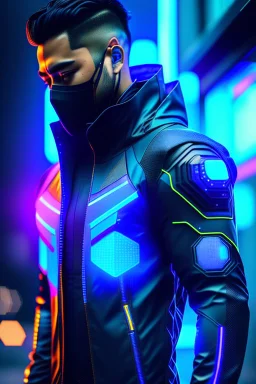 cyberpunk, neon blue, high technology, geometric figures, orbiting figures, cyberpunk suit, black and blue, epic, rain, neon blue suit, geometric figures orbiting around suit, exosuit, male