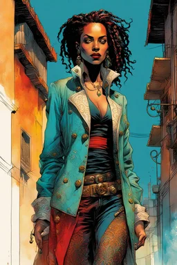 create an imaginative full body illustration of a female, ornately dressed Moroccan pirate queen with finely detailed facial features, short dreadlock hair, in the backstreets of Casablanca, in the comic book art style of Bill Sienkiewicz, Mike Mignola, and Jean Giraud Moebius, finely textured, drawn, colored, and inked