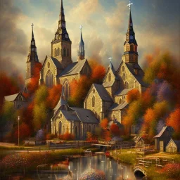 an abstract painting of a small town with churches, mixed media, textured, highly detailed