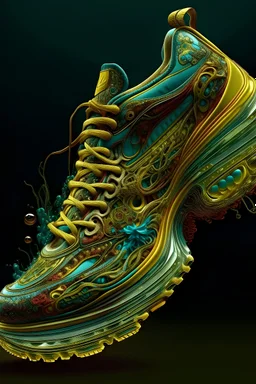 a stunning interpretation of nike shoe sneaker, made of jellyfish, advertisement, solarpunk, highly detailed and intricate, golden ratio, very colorful, Drag Queen, hypermaximalist, ornate, luxury, high heels, futurist, vanguard, style Kenzo , Yamamoto