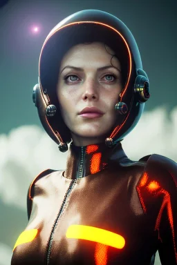 Ultra Realistic retro sci-fi scene, portrait, brunette woman, sweet Monica Belucci face, perfect iris, glow eyes, makeup. Alien Saturn background, Retro sci-fi style, helmet, tight latex coat, fog, rain, soft color, highly detailed, unreal engine 5, ray tracing, RTX, lumen lighting, ultra detail, volumetric lighting, 3d, finely drawn, high definition, high resolution.