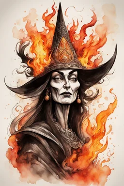 create an abstract ink wash and watercolor caricature portrait of a beautiful, malevolent, ornately dressed , 14th century sorceress engulfed in fire ,highly detailed with refined facial features in the cartoon caricature style of Gerald Scarfe and Ralph Steadman precisely drawn, boldly inked, boldly colored, 4k