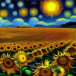 Dibujo al aceite de Campo de Girasoles con muchas nubes de colores estilo Vincent van Gogh